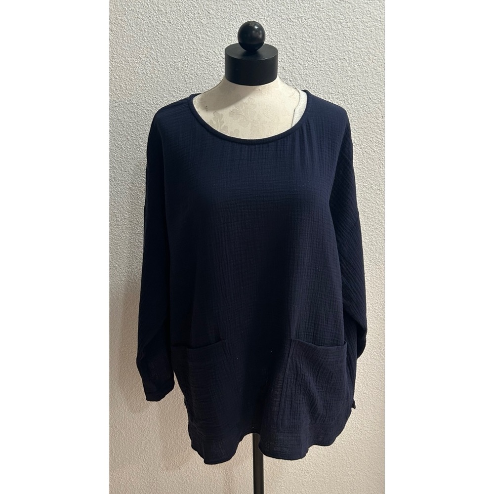 Jones New York Navy Blue Size XL Cotton Gauze Top Oversized Coastal Pockets